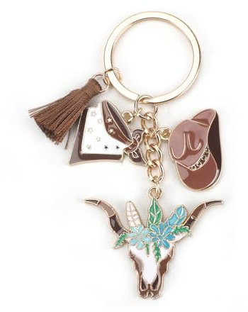 Porte-clés de cowboy avec pompons - Porte-clés de voiture Texas Western - Cadeau d'anniversaire pour ami et femme, argenté, S