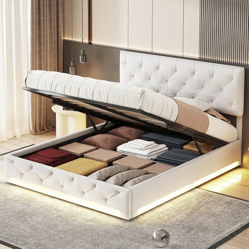 BRILVERDE Polsterbett 160x200cm mit Stauraum und bettkasten, LED Doppelbett mit Großer Stauraum und höhenverstellbar Kopfteil, Jugendbett Stauraumbett, Ohne Matratze (Beige)