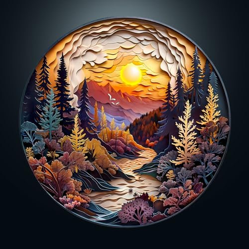 CHARMIBLE Puzzle 1000 Teile Erwachsen, 1000 Teile 3D-Sonnenuntergangswald Impossible Rundes Puzzle, 67.5x67.5cm Blaue Papierkarte Unregelmäßige Einzigartige Jigsaw für Familie Freunde