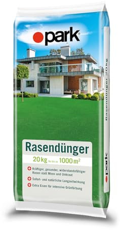 Park Rasendünger 20kg für bis zu 1000m², sorgt für einen gesunden, tiefgrünen und widerstandsfähigen Rasen statt Moos und Unkraut
