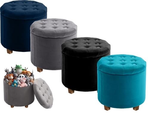Ecoshine Supplies Ottoman Storage Round New Velvet Padded Seat Ottoman Storage Stool Box with Lid, Tufted Seat, Padded Stool Footstool with Storage Bench In Grey Black, Navy, Green Colour (Navy-Blue)