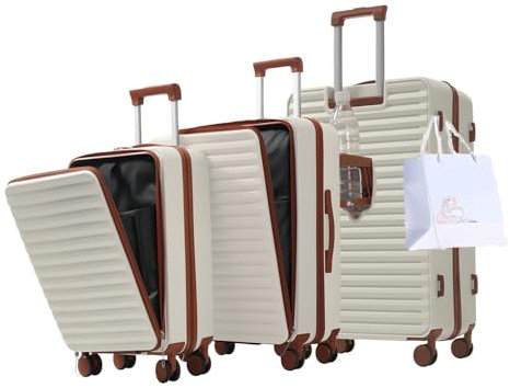 TANGYANGNY 3tlg. Kofferset, Innovatives Front-Öffnungs-Design, klappbare Getränkehalter, 4x360°- Rollen Reisekoffer, ABS-Hartschale Koffer, M/L/XL(20/24/28 Zoll), Antikes Weiß