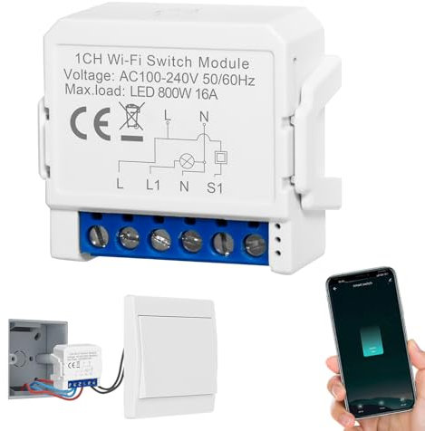 1PC Interruptor Inteligente Wifi de Luz, Interruptor Wifi Control Simple/Doble, Interruptor Alexa, Interruptor Inteligente Alexa, Mini DIY Smart Switch WIFI Módulo Compatible con Tuya y Smart Life