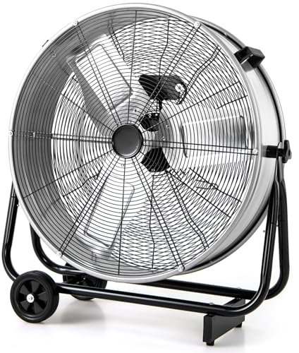 COSTWAY 24” Industrial Drum Fan, 3-Speed High Velocity Floor Fan with 360° Adjustable Tilt, 2 Wheels & Handle, Metal Air Circulator Cooling Fan for Home Commercial Warehouse Workshop (Silver)