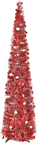 Zusammenklappbarer Künstlicher Weihnachtsbaum Mit Ständer, Glitzernder Lametta-Weihnachtsbaum, Leicht Zu Montierende Bleistift-weihnachtsbäume Für Urlaub Karnevalsparty Indoor, Red