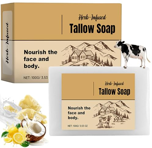 Natürliche Talgseife, Beef Tallow Soap, Handgemachte Rindertalgseife, Kernseife Natur für Gesicht & Körper, Peeling Seife Gesicht, Tiefenreinigend und Nährend, Körperpflege und Hautpflege