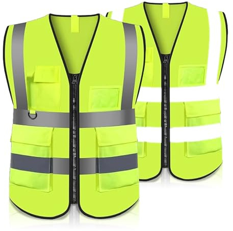 OTCOY 2 Stück Hohe Sichtbarkeit Reflektierende Warnweste, 4 Vordertaschen, Unisex Sicherheitsweste mit Reißverschluss, für Auto, Motorrad, Fahrrad, Bau
