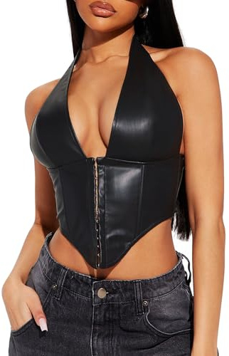 TZLDN Damen Leder Neckholder Top Rückenfrei Korsett Sexy Oberteil | Frauen V Ausschnitt Top Rückenfrei Trägertop Y2K Sexy Crop Tanktops für Party Clubwear Festival Rave Techno Outfit
