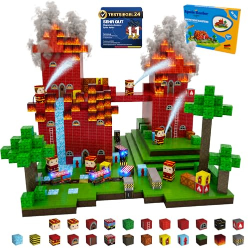 Magnetische Bausteine Feuerwehr 80 Teile, Magnetbausteine Kinder ab 3 | Magnetic Building Blocks Fire · Magnetsteine · Geschenk Junge Mädchen 3-10 Jahre · 0,8mm doppelt so dick