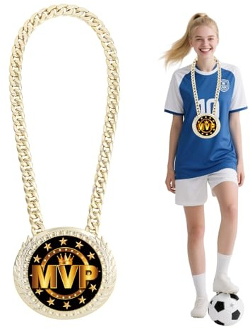 lasuroa Medaille Ziege Kette, 15 cm Große Goldenem Halskette Auszeichnung mit Anhänger für den Größten Aller Zeiten MVP-Champion-Kette für Fußball Basketball Fantasy-Sport Sportlerpreis Geschenke