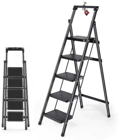 5 Step Ladder with Handrails, Ladders for Home with Removable Tool Bag, Heavy Duty Ladders 330lbs Capacity, Folding Ladder Easy to Store, Tall Kitchen/Closet Ladder for Adults (Black, 5 Step Ladder)