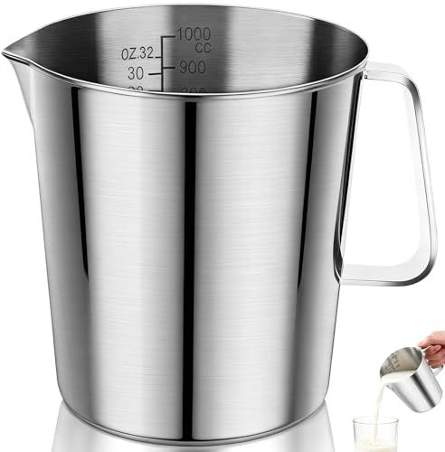 1000ml 304 Edelstahl Messbecher mit Markierung & Griff, Zuhause Küche Milk Pitcher, Teeladen Bar Messkanne, Robuster Milchkännchen, Milchaufschäumbecher für Kaffee, Latte, Espresso