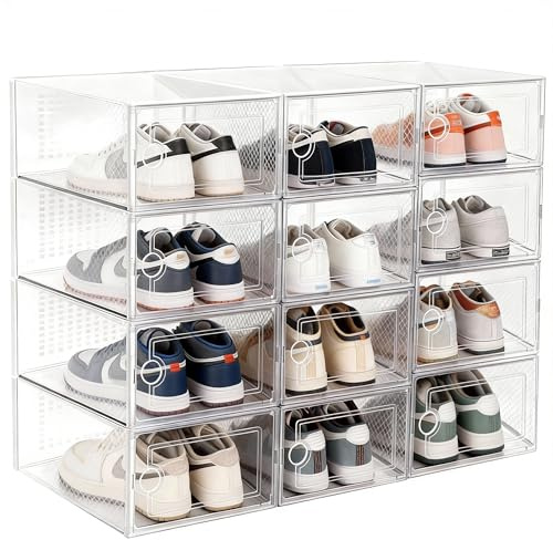 Wagtail 12 Cajas de Zapato Transparente con Tapa Plegable y Apilables para Organización de Zapatos en Hogar Caja Multifuncional Ahorra Espacio y Facilita Almacenamiento