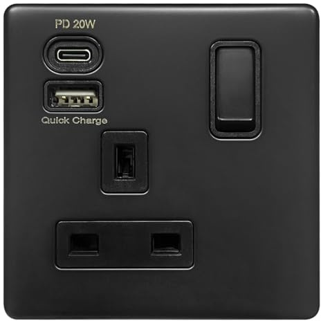 Matte Black 13A Single Switched Wall Socket with USB Type-A PD 20W Quick Charge Type-C Ports, Double Pole, BL4112