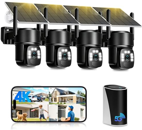 8MP Telecamera Wi-Fi Esterno Senza Fili,Kit 4 Cam e Pannello Solare,Sistema di Sicurezza Domestica,Nessun Canone Mensile,360°,Rilevamento Umano PIR,Visione Notturna a Colori,Archiviazione Locale 32GB
