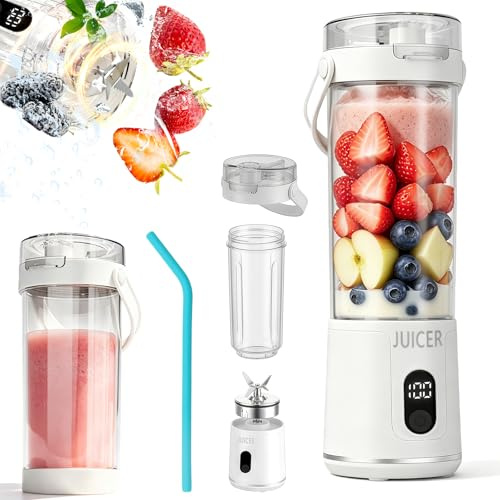 KASURE Portable Blender, Personal Electric Juicer Cup, USB Rechargeable Mini Blender for Shakes and Smoothies, 12-Blade 3D Stereoscopic Cutter, 600ml Travel Juice Maker for Home, Office, Gym