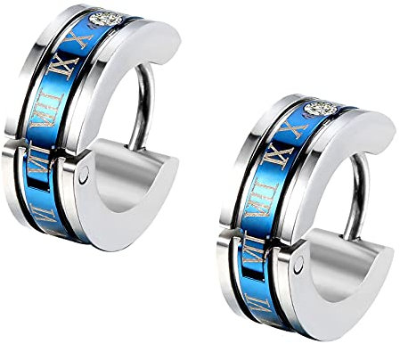 Flongo Boucles d'oreilles Homme Chic Chiffre Romain Acier Inoxydable Clous d'oreilles Fantaisie Bijoux Cadeau Couleur Bleu pour Homme