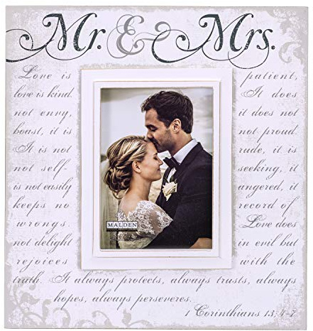 Malden International Designs Bilderrahmen mit Siebdruck, Korinther-Vers, Mr & Mrs, Holz, 12,7 x 17,8 cm, gebrochenes Weiß