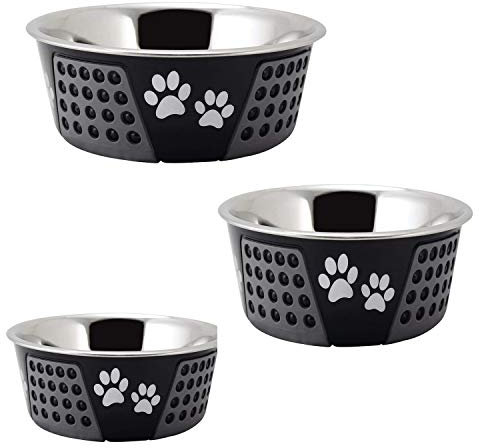 Evokk Pet Bowls – Stainless Steel - Non-Skid Base - Easy to Clean – Paw & Bone Design – Rubber Base - Dishwasher Safe – Easy to clean – Small, Medium and Large Size – Set of 3