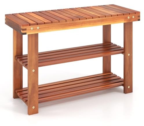 PATIOJOY Shoe Rack Bench, 3-Tier Shoe Organizer, Storage Shelf & Seat, Made of Sturdy Acacia Wood, Wide Application, Idea for Entryway, Hallway, Living Room, Bathroom, Teak Color (27.5-inch)
