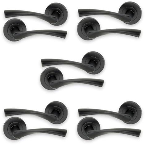 Infinity Decor Pack of 5 Twisted Lever Latch Door Handles on Round Rose Set in Matt Black Finish - Passage Pull Handles for Interior & Exterior Use