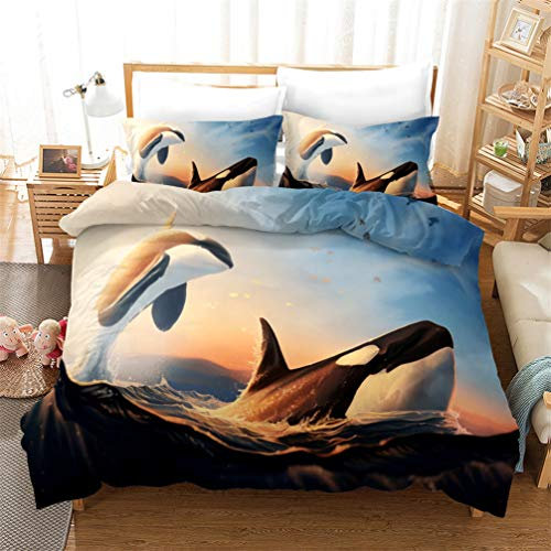 3D Meerestiere Delfin Wal Hai Pinguin Drucken Bettwäsche-Set Mikrofaser Blau Lila Sanft Atmungsaktiv Bettbezug und Kissenbezug Junge Mädchen (Stil 2, 135x200 cm + 80x80 cm*1)