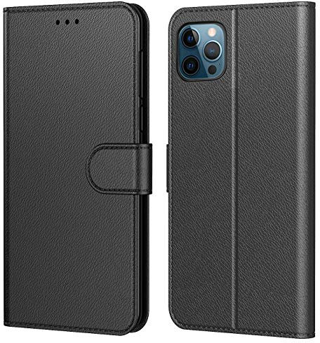 Tenphone Schutzhülle kompatibel mit iPhone 12 6,1 Zoll (12/12 Pro), Schutzhülle Premium aus PU-Leder, Magnetverschluss, mehrere Farben für (iPhone 12/12 Pro (6,1 Zoll), Buch) Schwarz