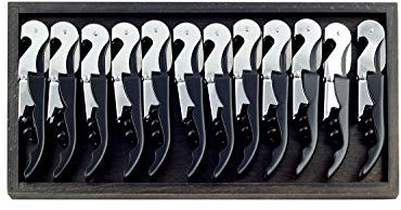 Hostelnovo – 12 uds de sacacorchos profesionales de 2 tiempos + Bandeja de madera color wengue – Acero inoxidable – color negro – ABS longitud 12 cm