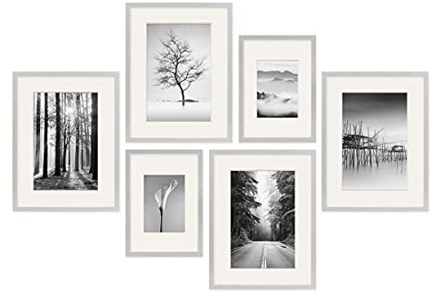 PHOTOLINI silberne Bilderrahmen Set verschiedene Größen, 6 MDF Holz Bilderrahmen mit Passepartout, Bilder Rahmen mit Acrylglas, No.4 Bilderrahmenset zum Aufhängen, Fotowand Fotorahmen Set & Zubehör