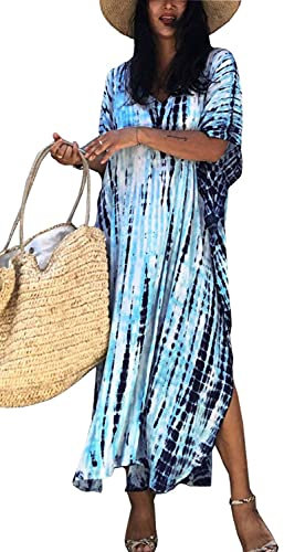 Orshoy Womens Caftan V-Neck Kaftan Dress Beach Cover Up Maxi/Boho Summer Dress Loungewear Nighty B-Light Blue