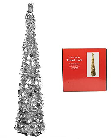 5ft Collapsible Artificial Christmas Tree, Pop Up Silver Tinsel Coastal Christmas Tree for Holiday Carnival Party Home Office Fireplace Decorations
