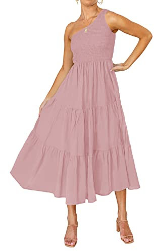 ZCSIA Estate Boho Una Spalla Senza Maniche Tinta Unita Volant Spiaggia Partito a più Livelli Abito Midi, Rosa, S