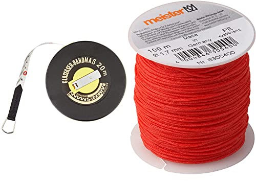 Mannesmann Bandmass 20 m, Fiberglas, M 807-20 & Meister Maurerschnur rot - 100 m Länge - Ø 1,7 mm - Polyethylen geflochten - Knotenfest - Reißfest & Belastbar - Auf Spule/Richtschnur