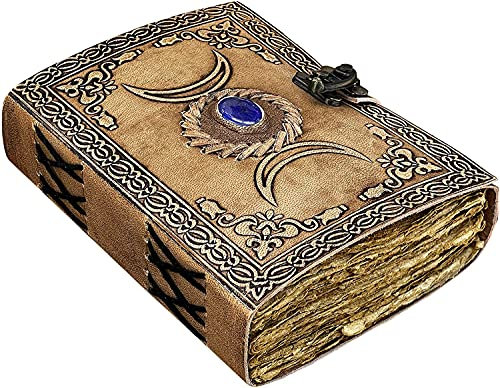 Handmade Vintage Leather Celtic Triple Moon Grimoire Black Book of Shadows Spellbook Journal for Men Women, Wicca Wiccan Pagan Witchcraft Writing Notebook, Blank Unlined Pages