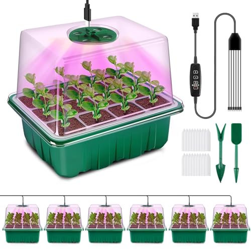 YAUNGEL Vassoio Germinazione con Luce di Coltivazione, 6 Pezzi Semenzaio per Piantine Mini Serra Propagatore con Luce di crescita Regolabile Luminosità & Umidità Propagatore di Semi Kit, Verde