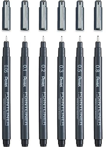 Pentel S20P Pointliner Pigment Liner Technisches Zeichnen Fineliner Pen – 0,05 mm, 0,1 mm, 0,2 mm, 0,3 mm, 0,5 mm, 0,8 mm – schwarze Tinte, 6 Stück
