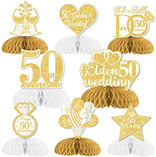 Fangleland Tischdekoration für goldene Hochzeitstag, Wabendekoration, Tischdekoration für Happy Anniversary Dekorationen, romantische Dekorationen, 8 Stück