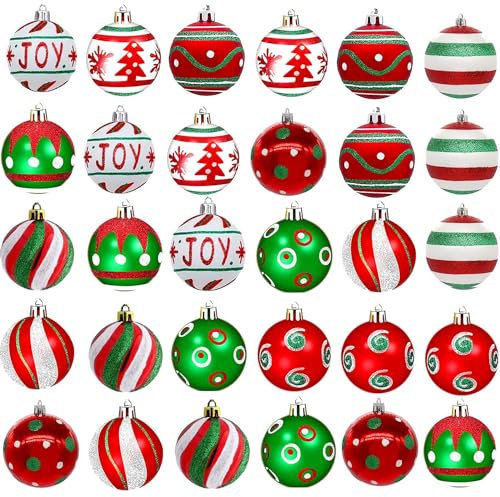 Weihnachtskugeln 30 Stück Rot Grün Weiß Christbaumkugeln 6cm Kunststoff Christbaumkugeln Weihnachtsdeko mit Aufhänger für Weihnachtsbaum Dekoration Weihnachten Hochzeit Party