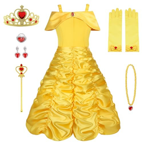 Vicloon Belle Costume, Principessa Belle Costume, Set da Principessa Belle Corona Bacchetta Guanti Treccia, Ragazze Belle Principessa delle Neve Abiti Partito Vestito Costume, Cosplay Party Halloween