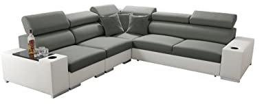 All4All Ecksofa mit Schlaffunktion Seo III - Schlafsofa mit Bettkasten - Sofa L-Form 282x282 cm - Eckcouch - Gewebe mit Kunstleder - verstellbare Kopfstützen - Linke Seite - Grau/Weiß - Modern 26