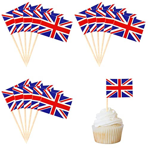 100 palillos de cóctel con bandera de Reino Unido, mini palillos de dientes de bandera británica, decoración de coronación del rey Carlos III, suministros de fiesta de la calle real