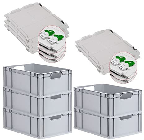 PROREGAL SuperSparSet 5x Eurobox NextGen Economy mit Scharnierdeckel & grünen Verschlüssen | Griffe offen | HxBxT 22x40x60cm | 44 Liter | Eurobehälter Transportbox Transportbehälter Stapelbehälter