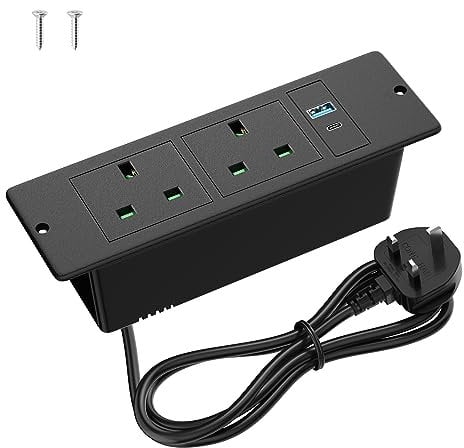 Desk Power Strip with USB C PD 20W, Ohuo Desktop Power Sockets Extension Lead with 2 USB, Recessed Power Sokcet 2 Outlets with 2m Cable