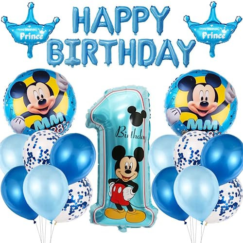 Mickey Luftballons Geburtstagsdeko, 1 Geburtstag Junge geburtstag deko, Mickey Mouse Themenparty Luftballons Folienballons Happy Birthday Banner Set, Luftballons für Deko Geburtstag Party, Blau