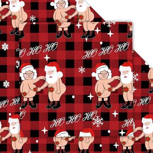 Dtiafu Lustiges Weihnachts-Geschenkpapier, frecher Weihnachtsmann, Geschenkpapier, Großpackung, gefaltet, flach, unangemessen, rot-schwarz, kariert, Geschenkpapier für Frauen, Männer, Erwachsene, Oma,