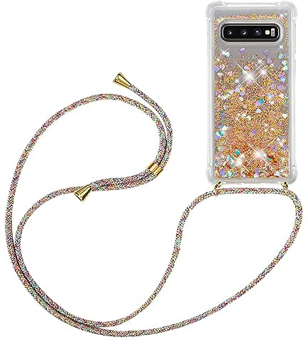 HomiTunky Handykette für Samsung Galaxy S10 Hülle mit Band,Silikon Durchsichtig Transparent Flüssig Glitzer mit Kette Kordel Bumper Treibsand Necklace TPU Schutzhülle Samsung Galaxy S10 Case,Golden