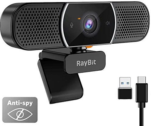 RayBit 3-in-1 Webcam - 2K HD Webcam mit Mikrofon, Lautsprecher und Abdeckungen, Klarer Stereo-Sound & Belichtungskorrektur & Autofokus, USB Web Kamera für Desktop Computer/PC/Laptop/Zoom/Skype/Teams