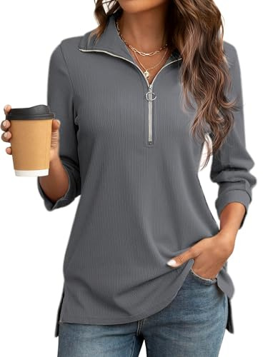 Cuptacc Damen Tshirt Half Zip Design Lässig Bluse Damen Elegante V-Ausschnitt 3/4 Ärmel Einfarbig Tunika Komfort Business Top Gray L