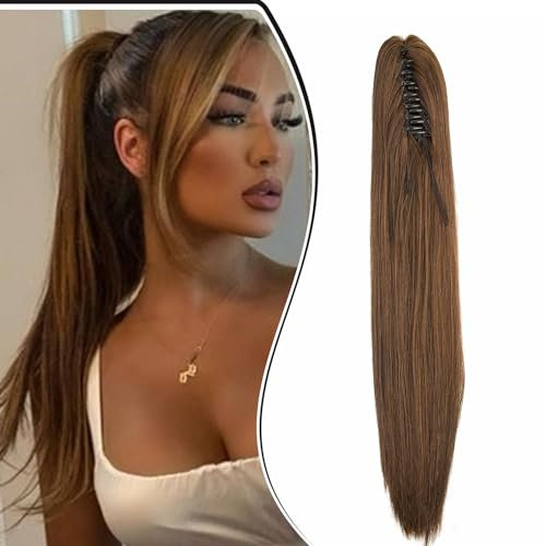 Dcbaboo Ponytail Extension Pferdeschwanz Haarteil Zopf Extension mit Klammer Gerade Lang Haarverlängerung Zopf Clip Synthetik Glatt Pferdeschwanz Haarextension, 50cm Dunkelbraun & Hellbraun