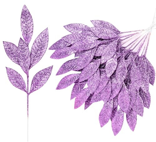 VEYLIN Glitter Bay Leaf, 12Pcs Artificial Christmas Tree Picks Sprays for Christmas Tree Wreath Floral Arrangement Wedding Bouquet Table Centerpiece Decoration(Purple)